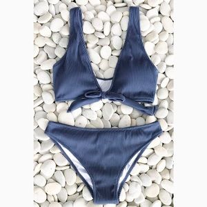 CUPSHE NAVY BLUE DEEP LOVE SOLID BIKINI SET